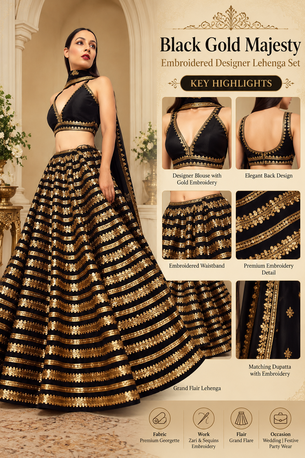 Black Gold Majesty Embroidered Designer Lehenga Set