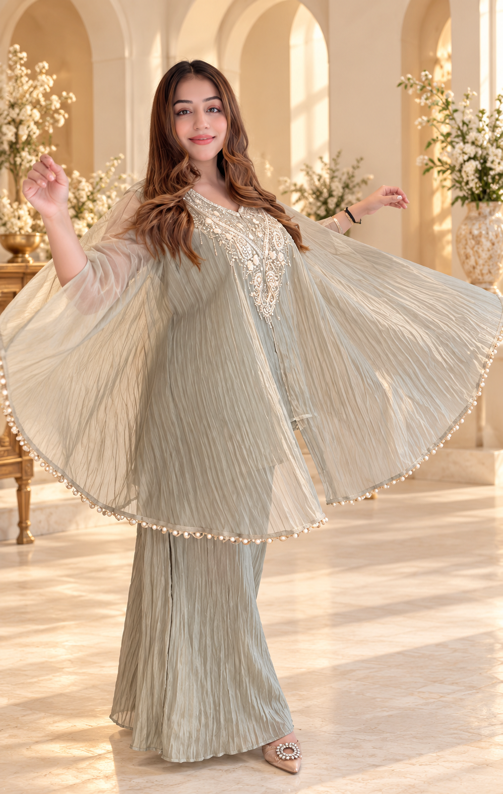 Noor-E-Zar Sage Grey Embroidered Kaftaan Palazzo Set
