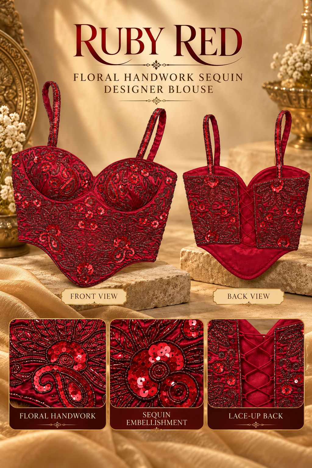 Ruby Red Floral Handwork Sequin Designer Corset Blouse