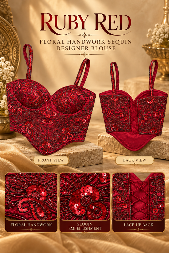 Ruby Red Floral Handwork Sequin Designer Corset Blouse