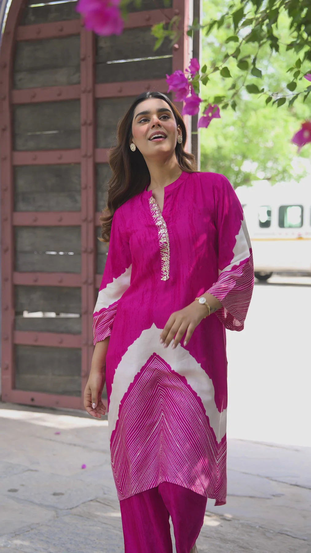 Blue Lehariya Muslin Kurta Set with Gota Work on Neck