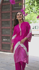 Blue Lehariya Muslin Kurta Set with Gota Work on Neck