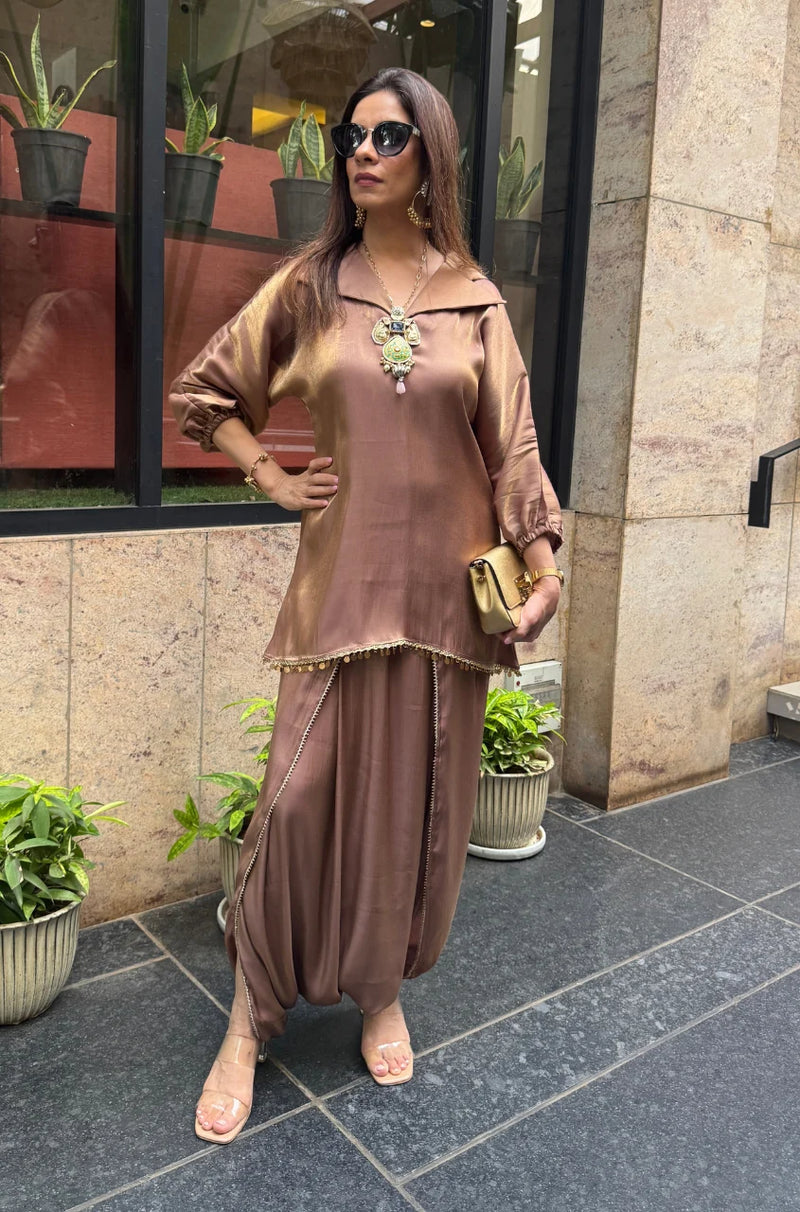 Mahira Luxe Shimmer Silk Tunic Top with Dhoti Skirt