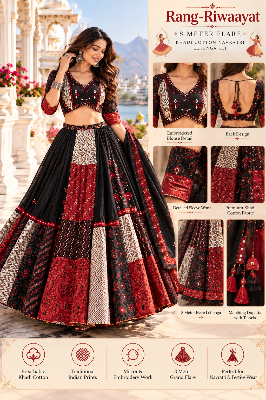 Rang-Riwaayat 8 Meter Flare Khadi Cotton Ajrarkhj Lehenga Set