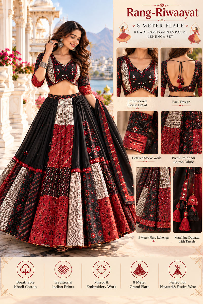Rang-Riwaayat 8 Meter Flare Khadi Cotton Ajrarkhj Lehenga Set