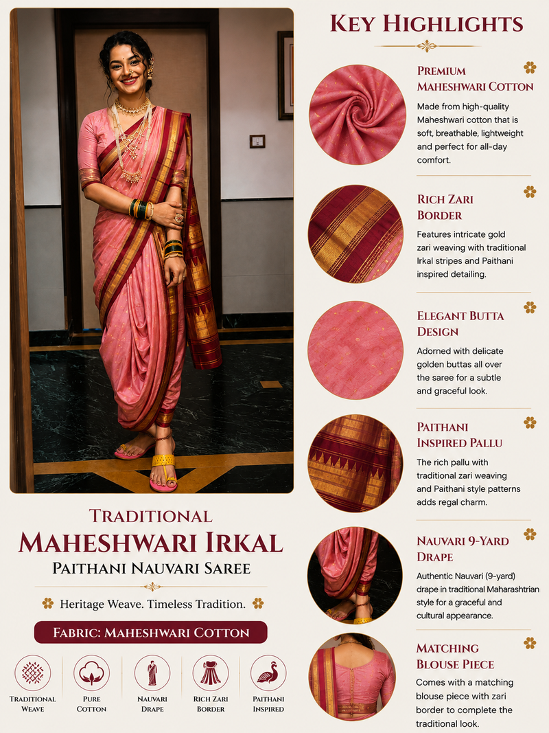 Traditional Maheswari Irkal Paithani Nauvari Saree