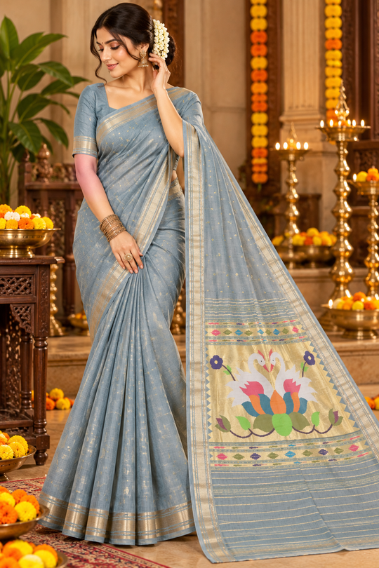 Steel Blue Cotton Paithani Saree with Golden Zari Border & Twin Swan Lotus Pallu