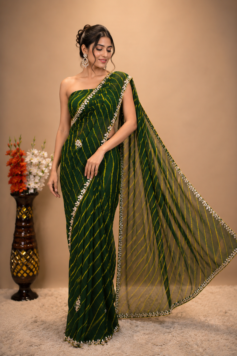 Ruby Leheriya Saree with Gota Patti Handwork