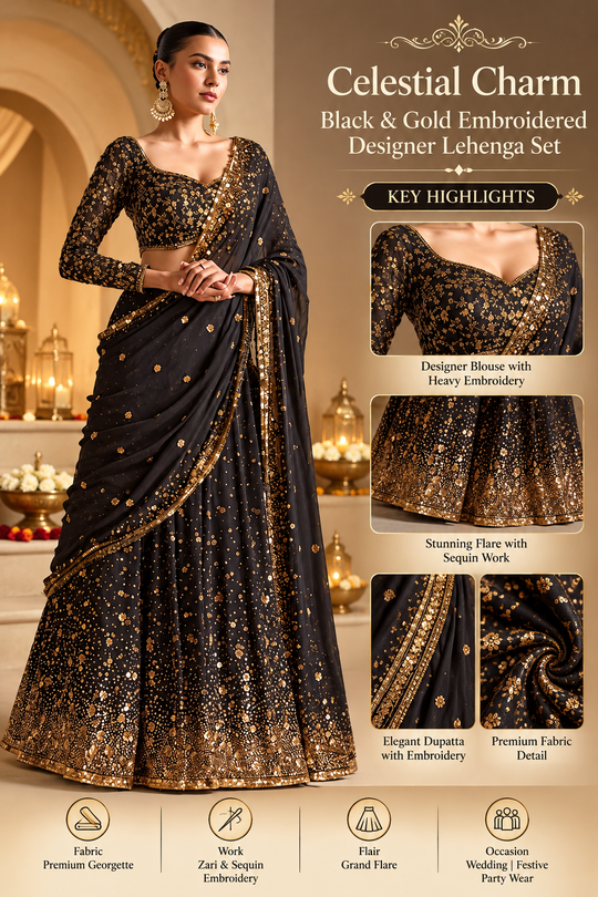 Celestial Charm Black & Gold Embroidered Designer Lehenga Set