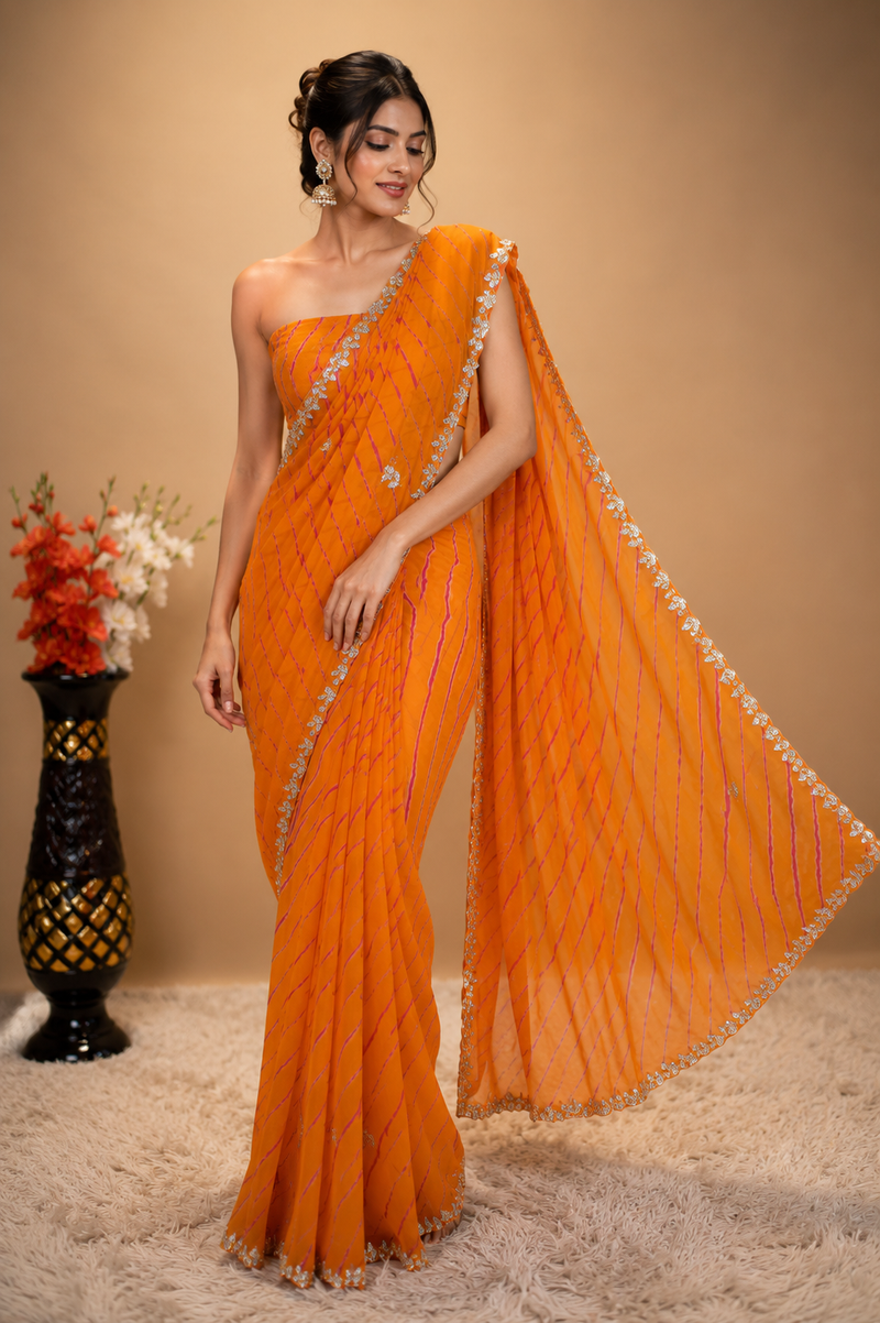 Ruby Leheriya Saree with Gota Patti Handwork