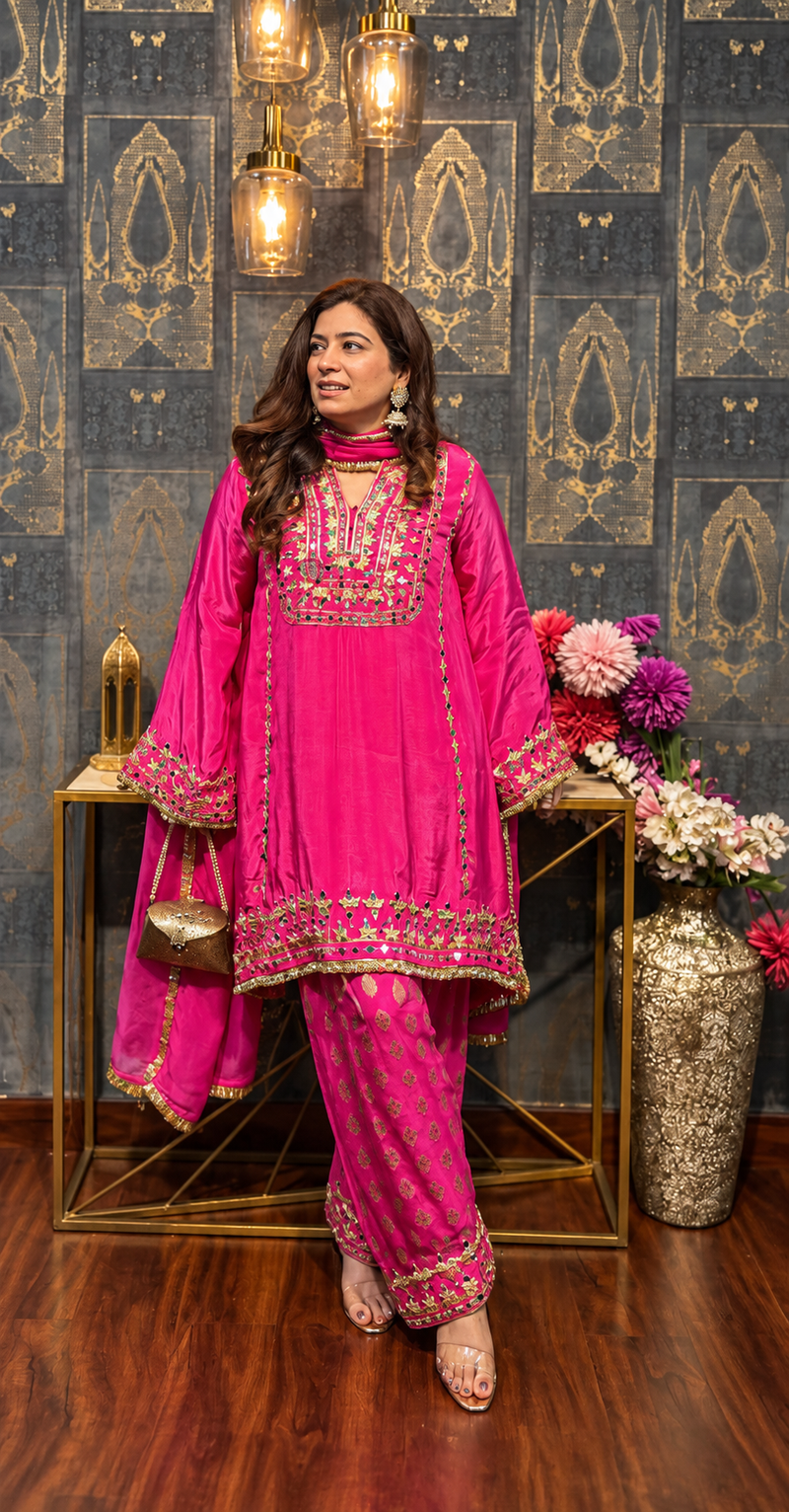 Rani Pink Traditional Embroidered Suit Set