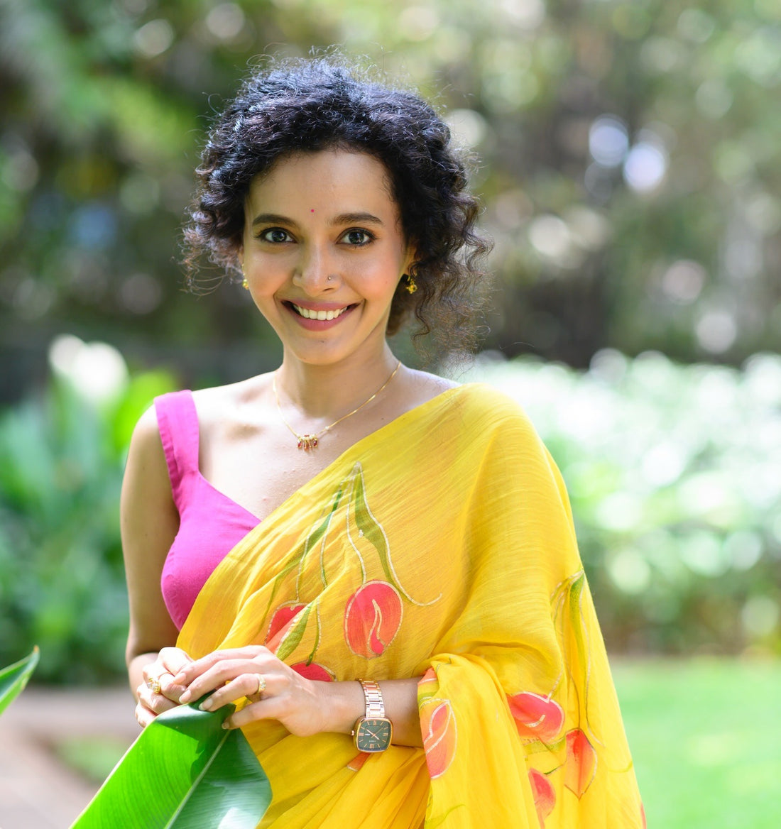 Sunshine Yellow Hand-Painted Tulip Mul Cotton Saree