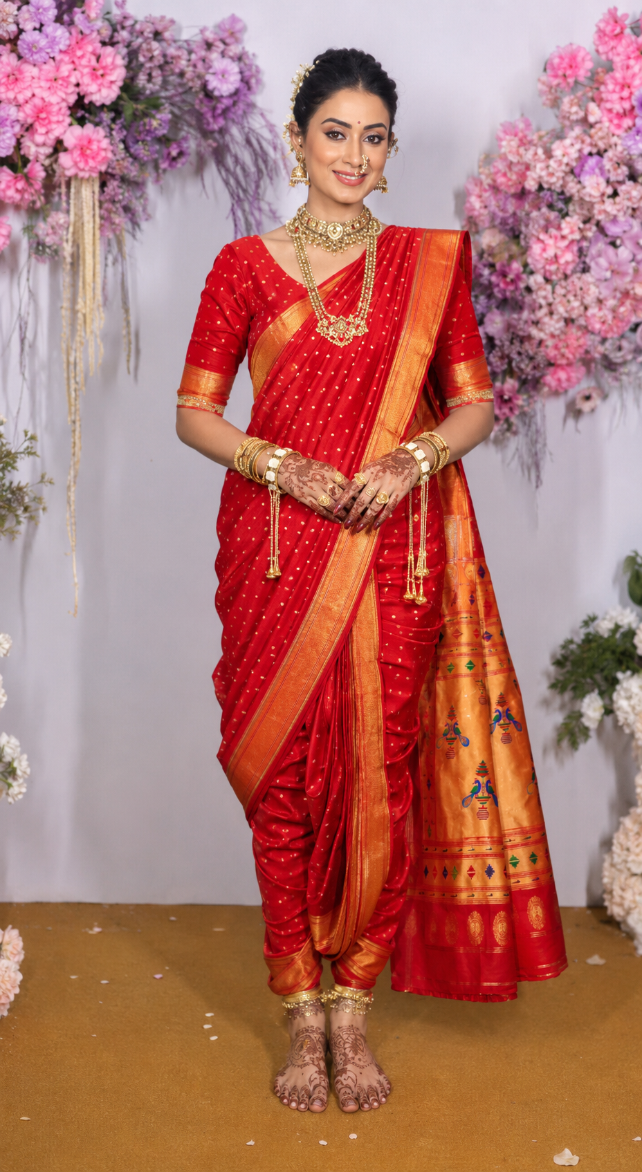 Sindoori Red 9 Yard Soft Silk Paithani Saree with Kalash Peacock Pallu