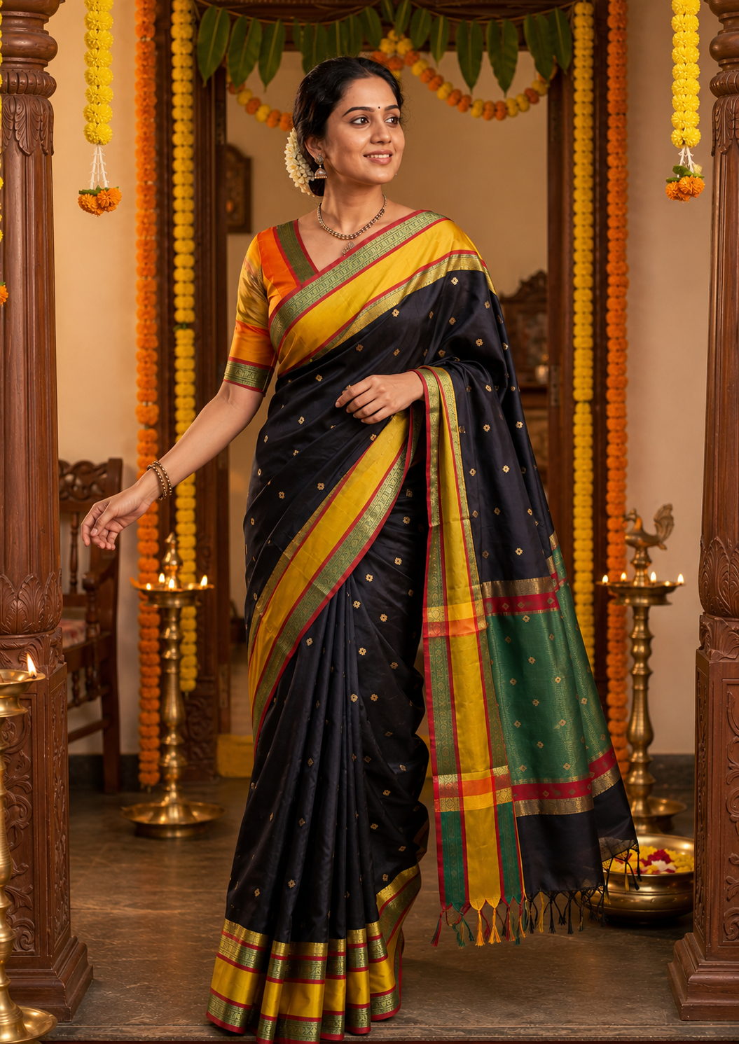Rajsi Jet Black Gadwal Semi Silk Saree