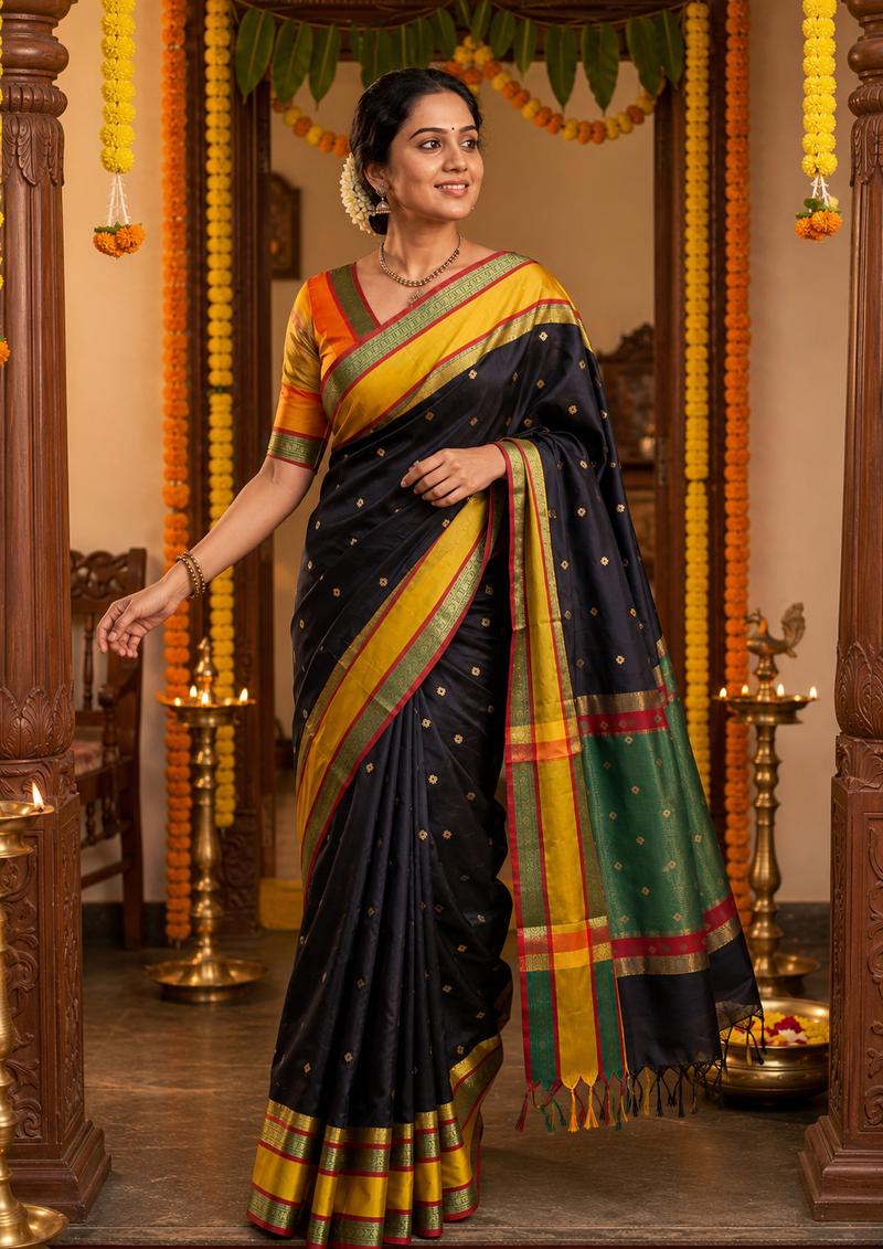 Rajsi Jet Black Gadwal Semi Silk Saree
