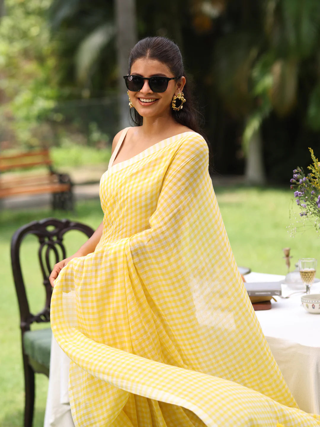 Sky Blue Gingham Mul Cotton Checks Saree