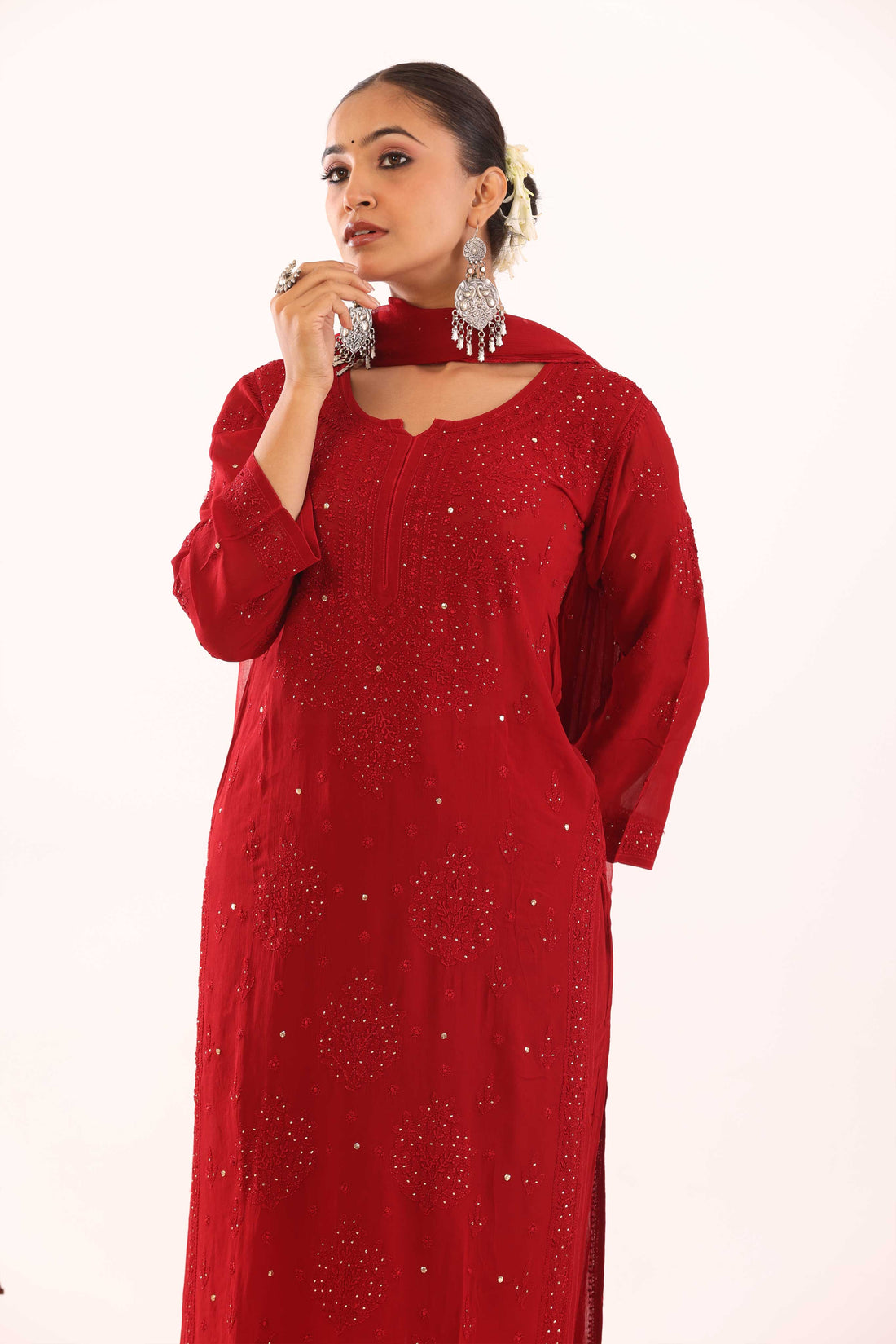 Red Chikankari Suit with Mukaish Work