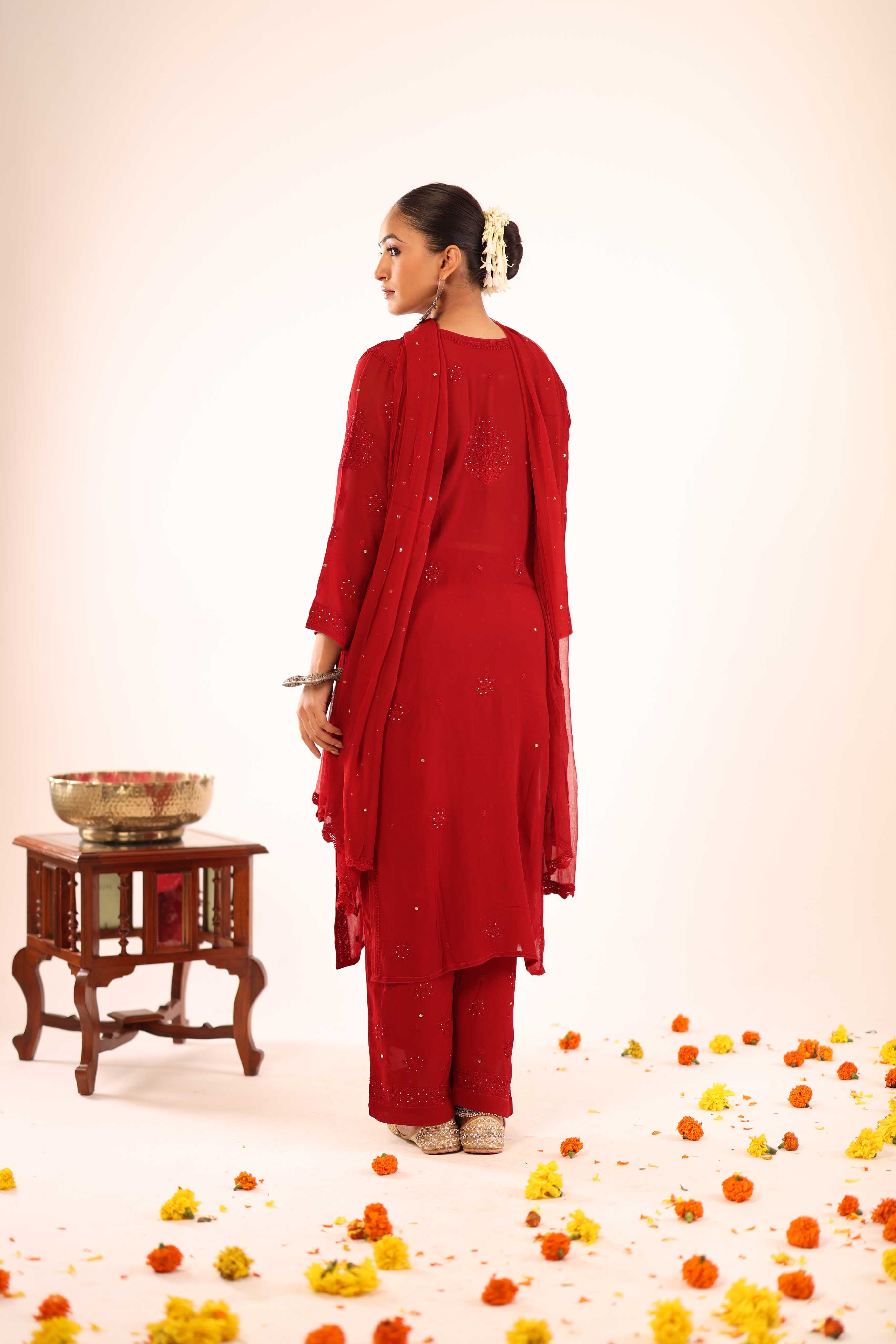 Red Chikankari Suit with Mukaish Work