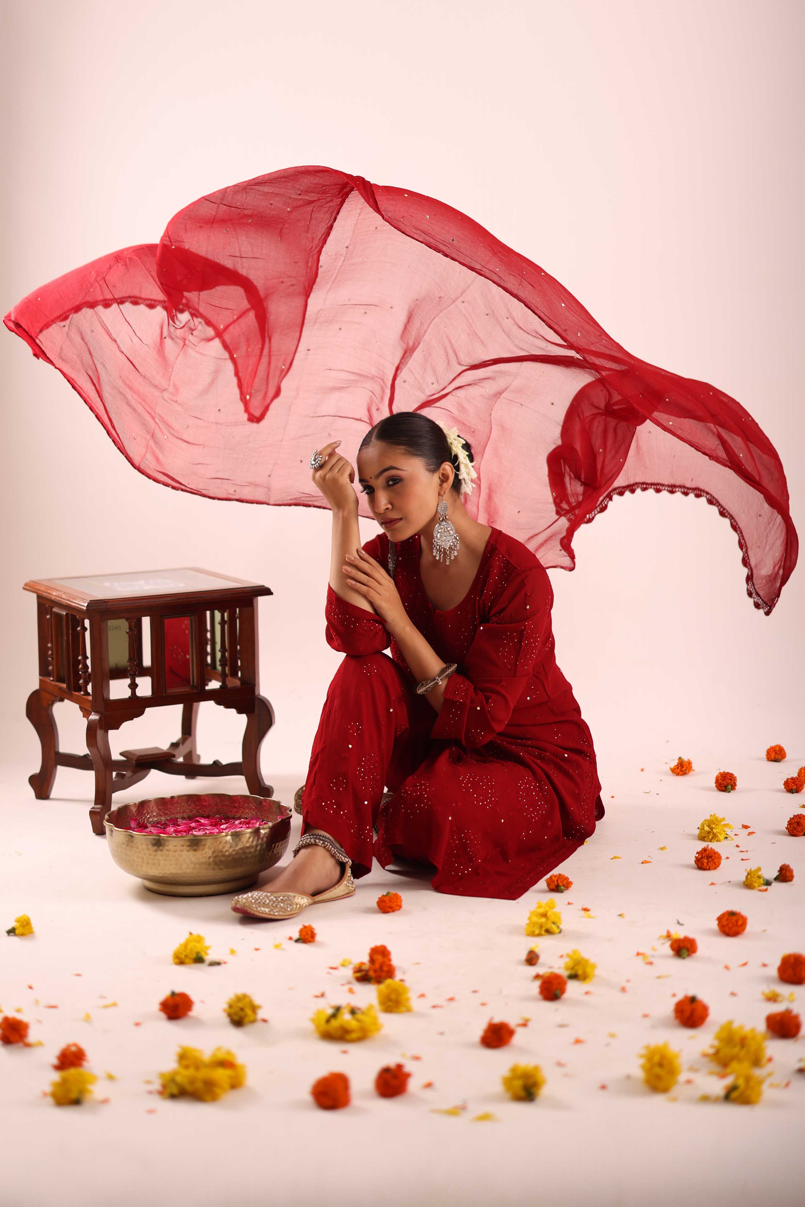 Red Chikankari Suit with Mukaish Work
