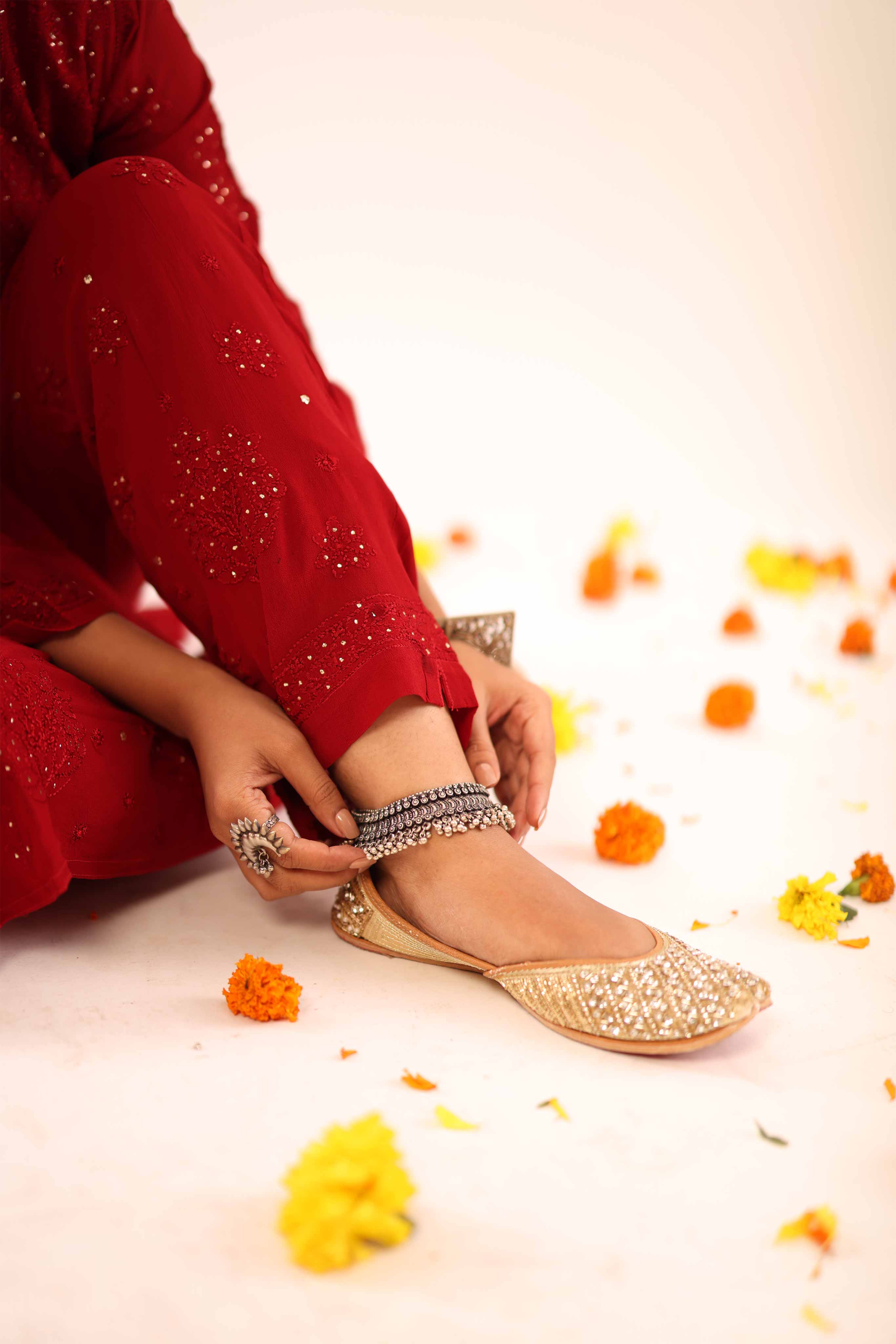 Red Chikankari Suit with Mukaish Work