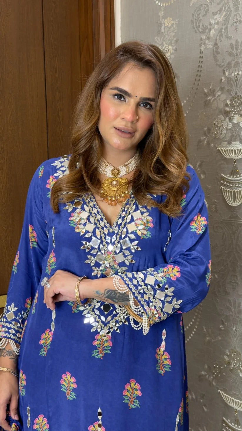 Blue Mehfil Embellished Kaftan with Potli