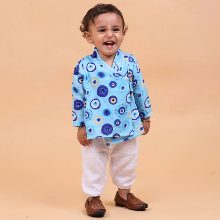 Evil Eye Blue Muslin Full Sleeves Angrakha Set
