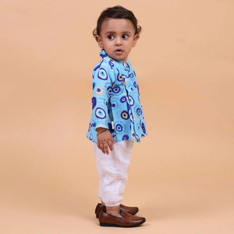 Evil Eye Blue Muslin Full Sleeves Angrakha Set