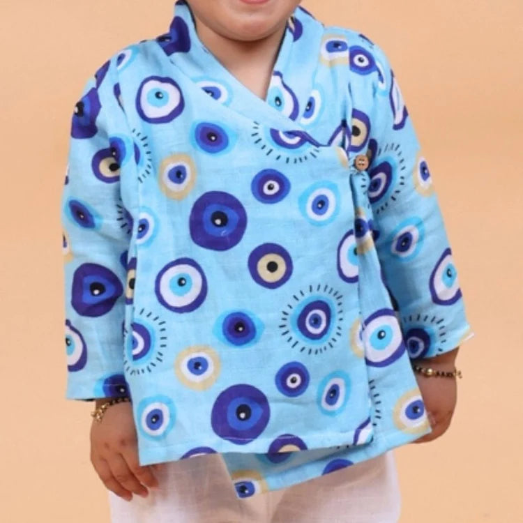 Evil Eye Blue Muslin Full Sleeves Angrakha Set