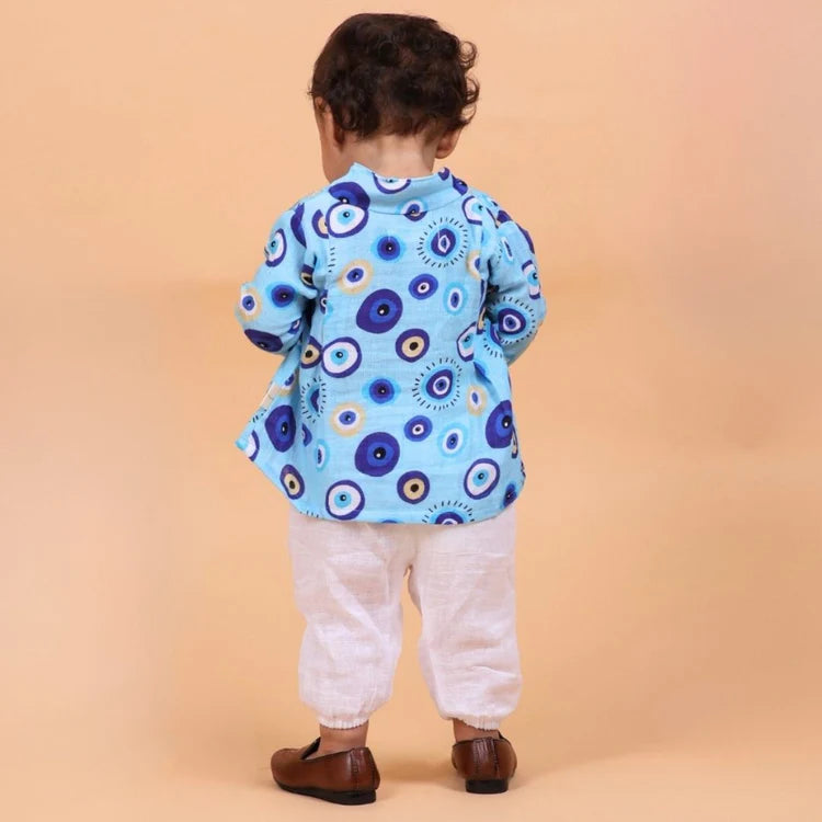 Evil Eye Blue Muslin Full Sleeves Angrakha Set