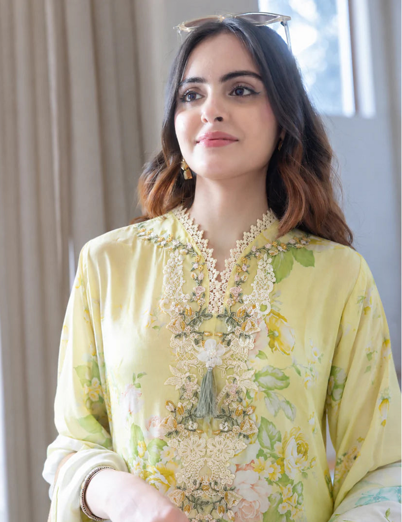 Women's Yellow Floral Print Crepe Kurta Set