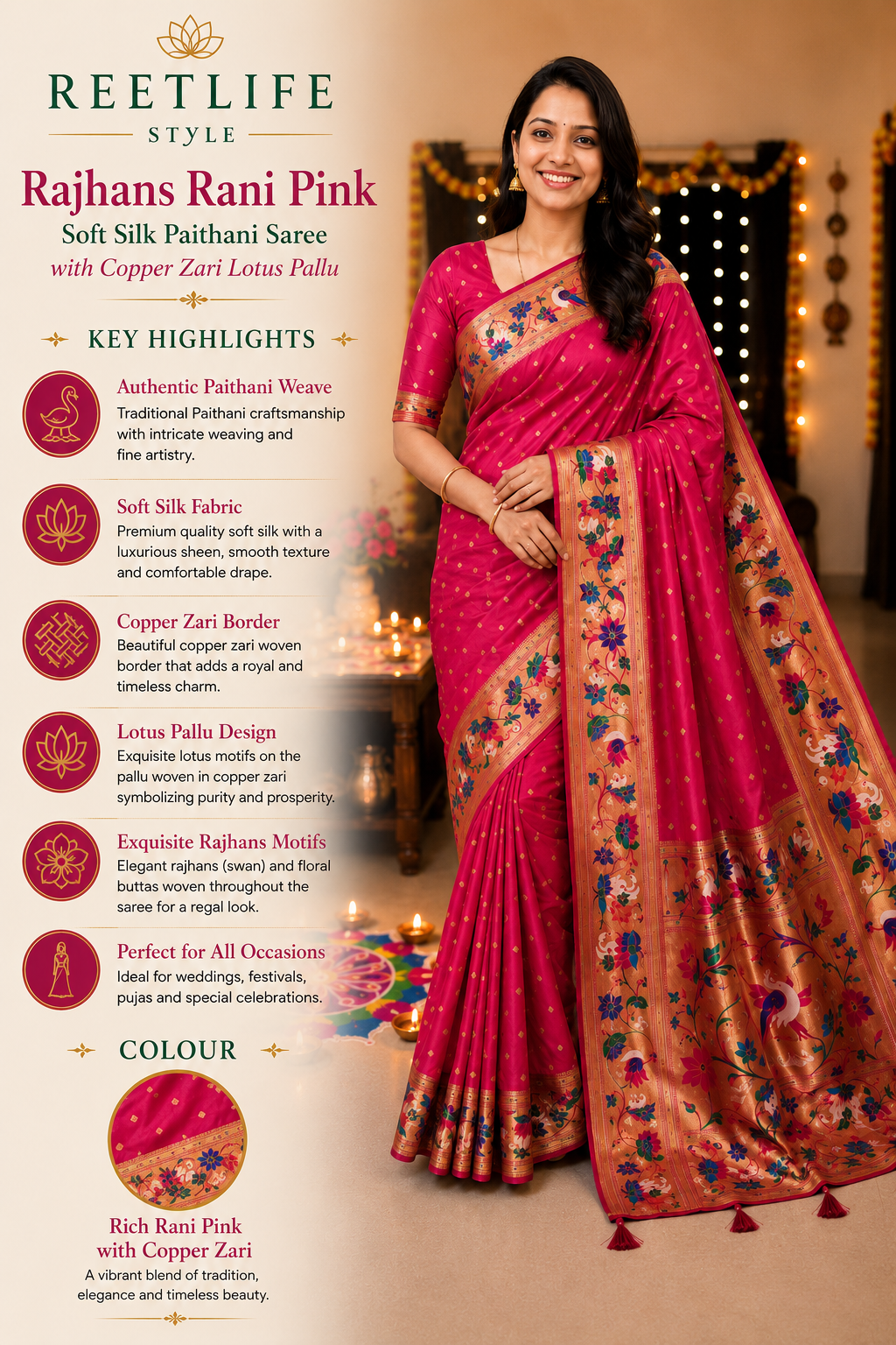 Rajhans Rani Pink Soft Silk Paithani Saree with Copper Zari Lotus Pallu
