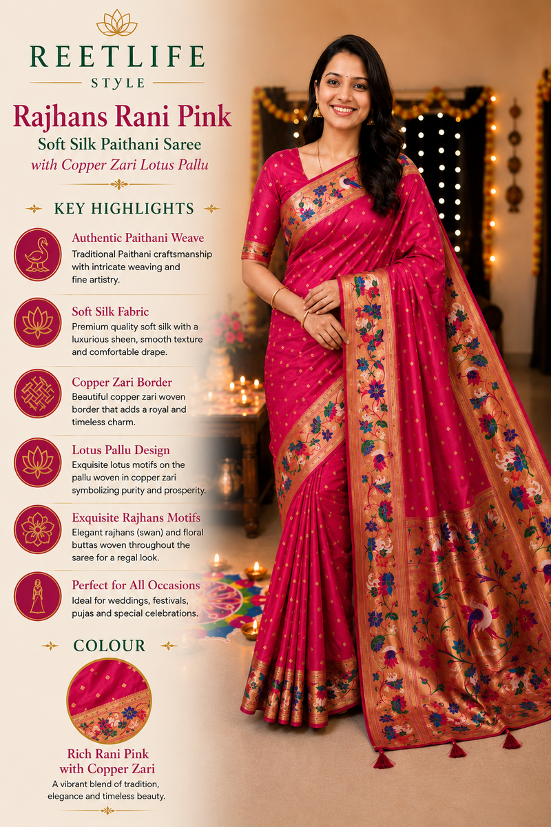 Rajhans Rani Pink Soft Silk Paithani Saree with Copper Zari Lotus Pallu