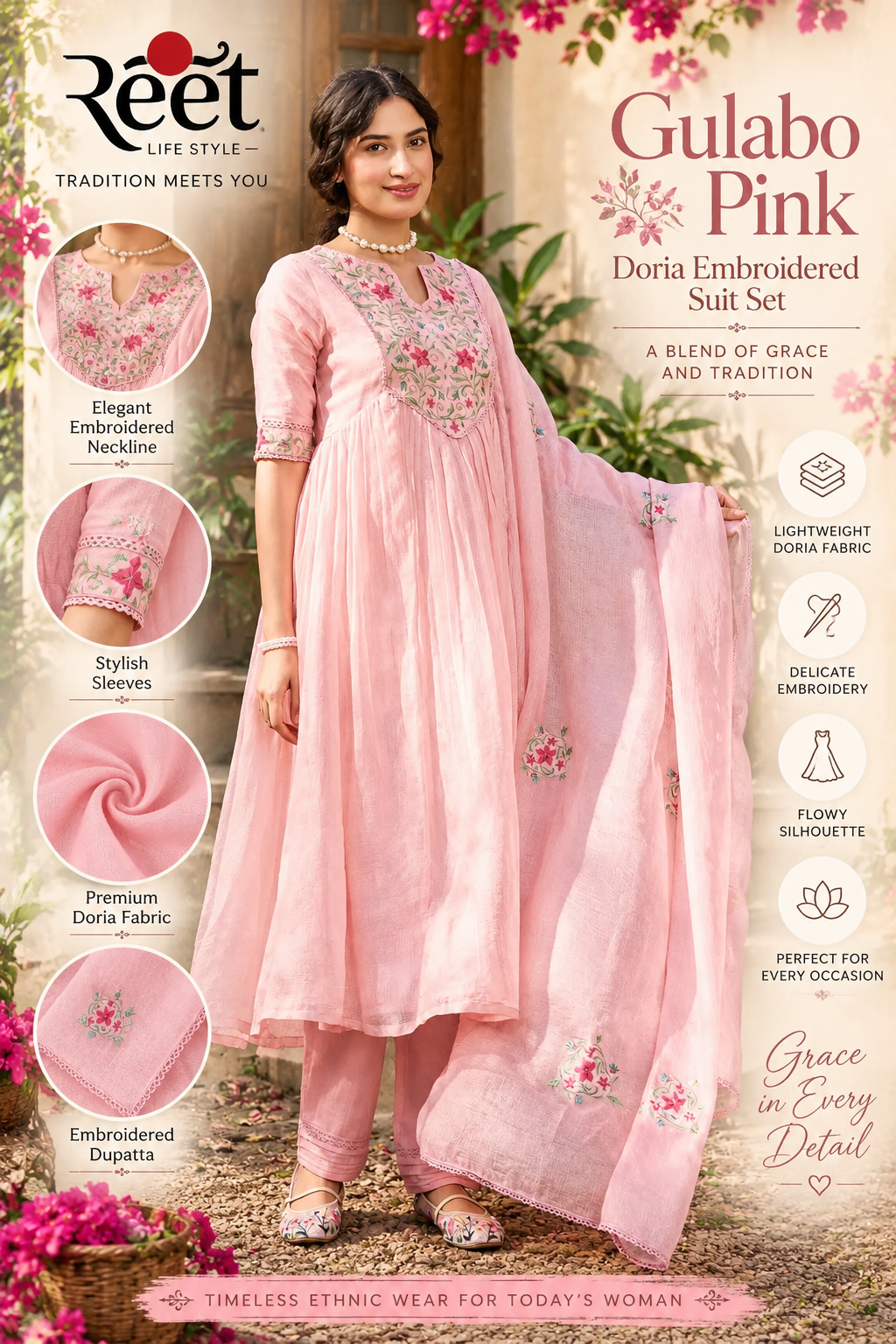 Gulabo Pink Doria Embroidered Suit Set