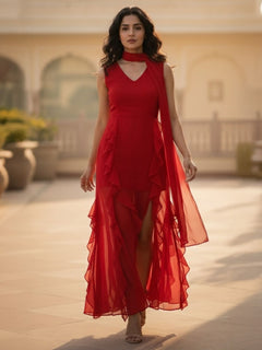 Crimson Whisper Chiffon Ruffle High-Low Dress for Women