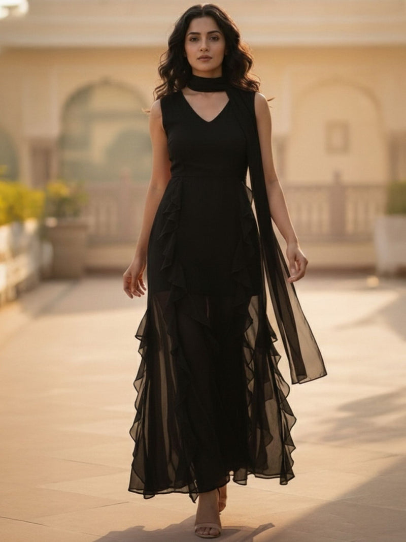 Crimson Whisper Chiffon Ruffle High-Low Dress for Women