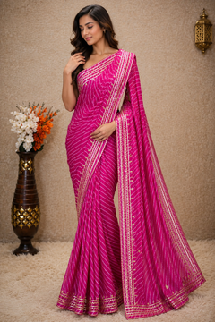 Rani Pink Leheriya Saree with Handcrafted Kacchi Gota Patti Work