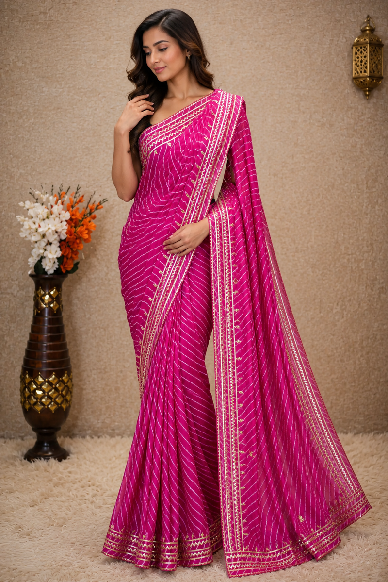 Rani Pink Leheriya Saree with Handcrafted Kacchi Gota Patti Work