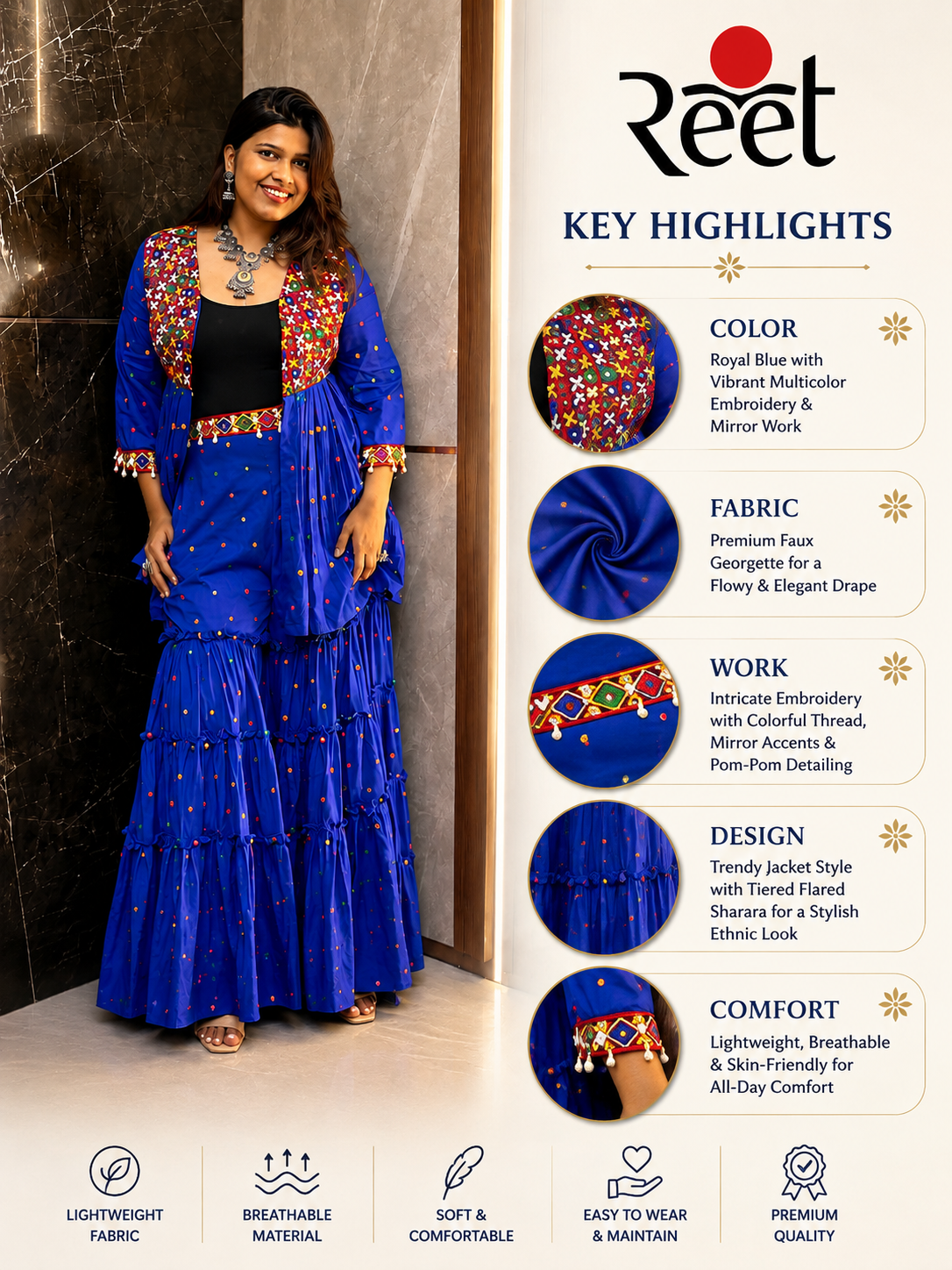 Royal Blue Kutchi Embroidered Peplum Sharara Set