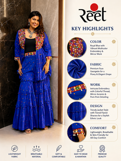 Royal Blue Kutchi Embroidered Peplum Sharara Set