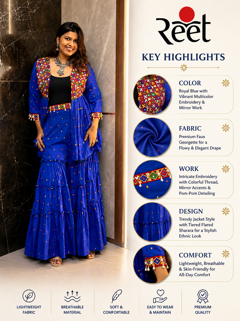 Royal Blue Kutchi Embroidered Peplum Sharara Set