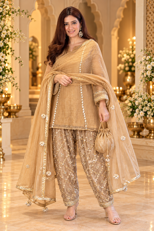 Royal Gota Patti Work Pakistani Kalidar Suit Set in Pure Crushed Tissue