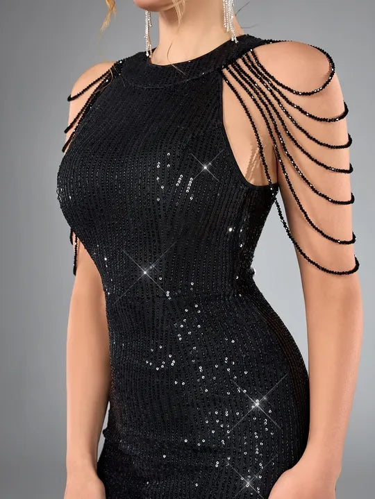 Black Sequinned Party Gown