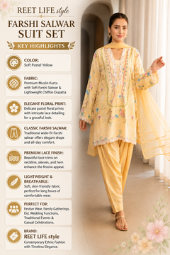 Women's Yellow Floral Muslin Farshi Salwar Suit Set