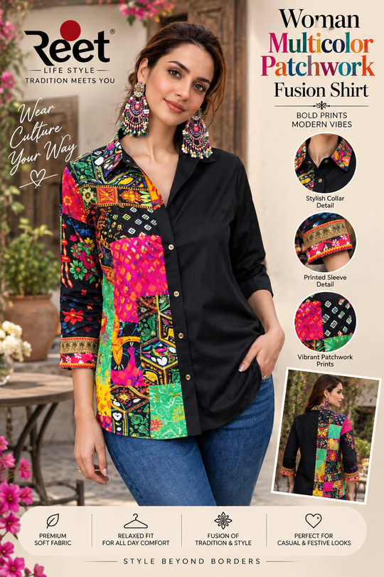 Woman Multicolor Patchwork Fusion Shirt