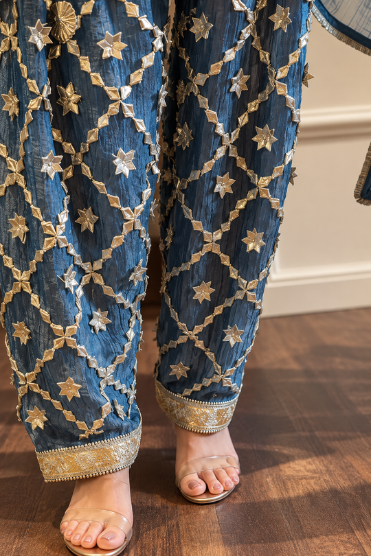 Royal Gota Patti Work Pakistani Kalidar Suit Set in Pure Crushed Tissue