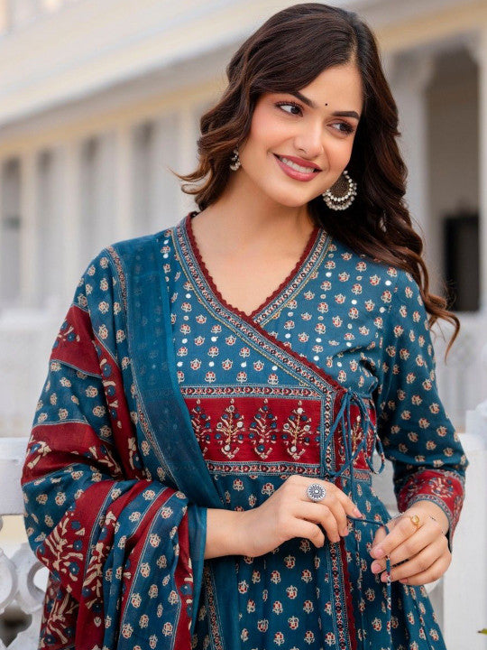 Neel Noor Ethnic Motifs Printed Angrakha Pure Cotton Anarkali Set with Dupatta