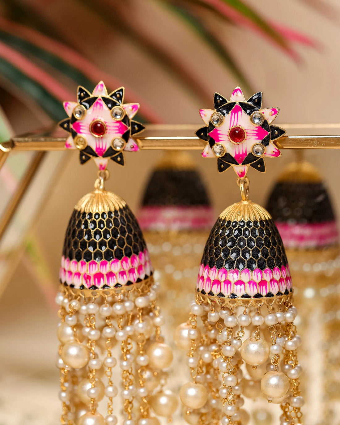 Black Meenakari Pearl Jhumki Earrings