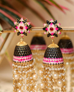 Black Meenakari Pearl Jhumki Earrings