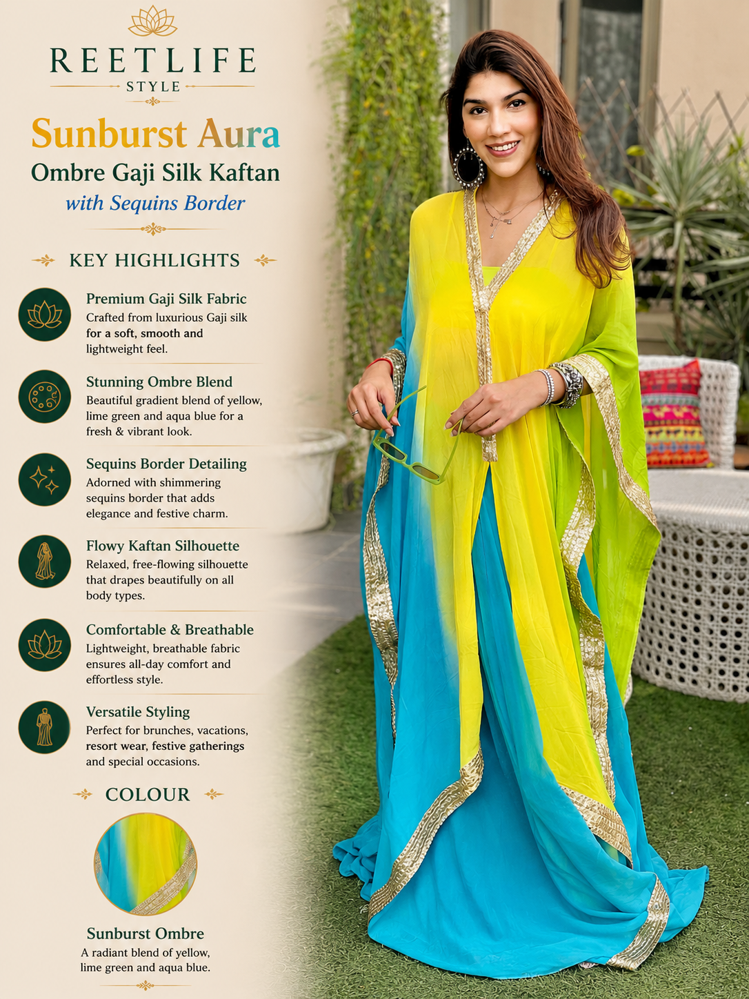 Sunburst Aura Ombre Gaji Silk Kaftan with Sequins Border