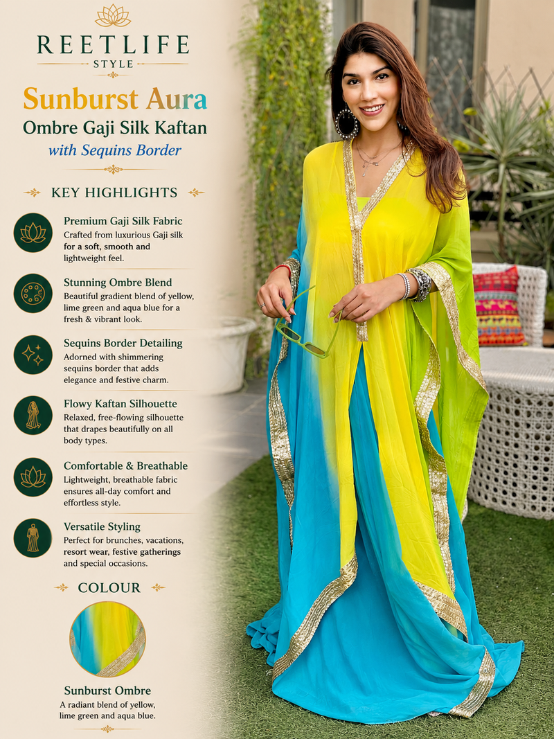 Sunburst Aura Ombre Gaji Silk Kaftan with Sequins Border